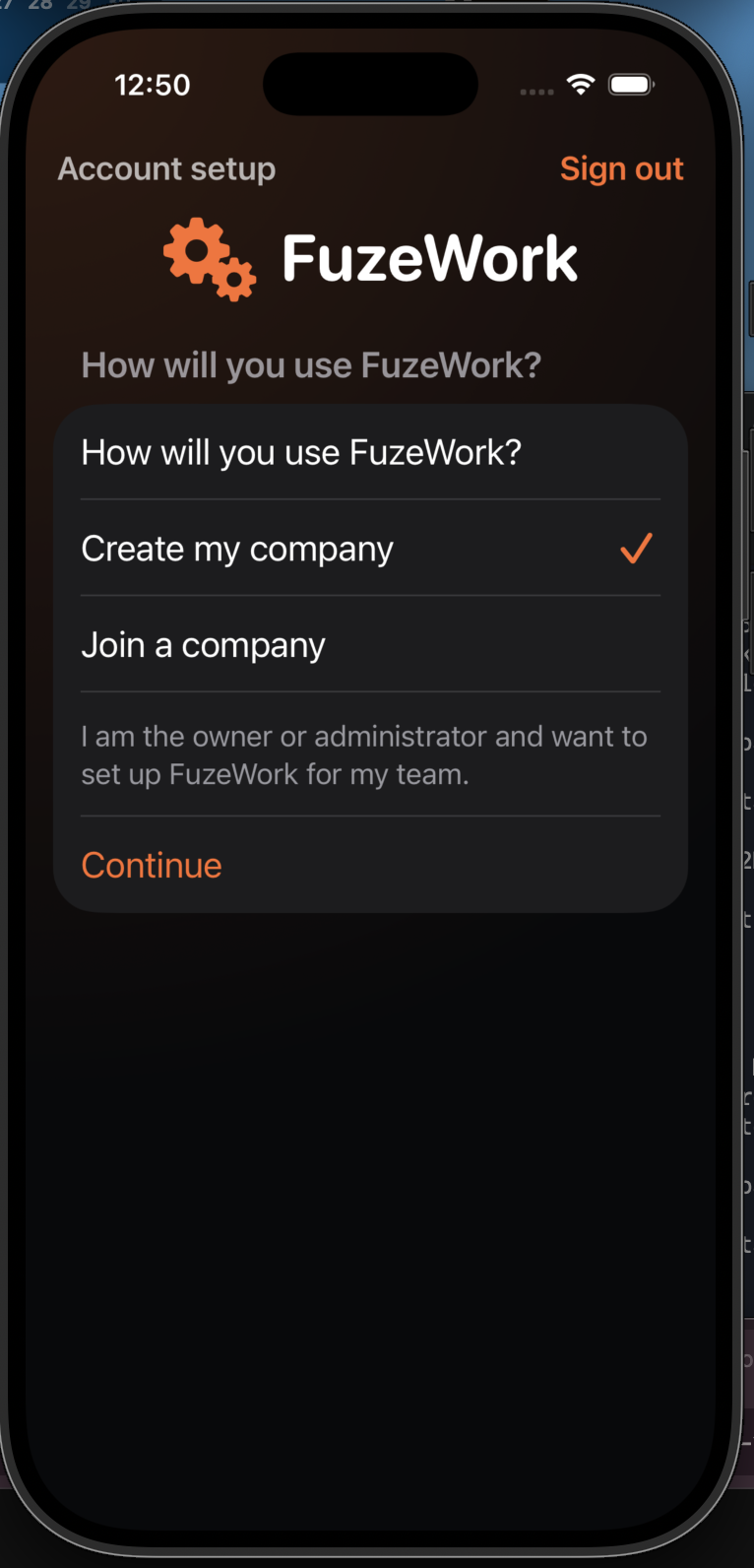 Volba vytvořit vlastní firmu v aplikaci FuzeWork