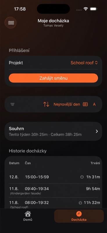 Přehled vlastní docházky a historie směn