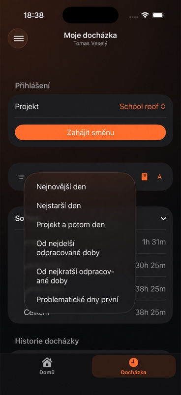Volby řazení historie docházky