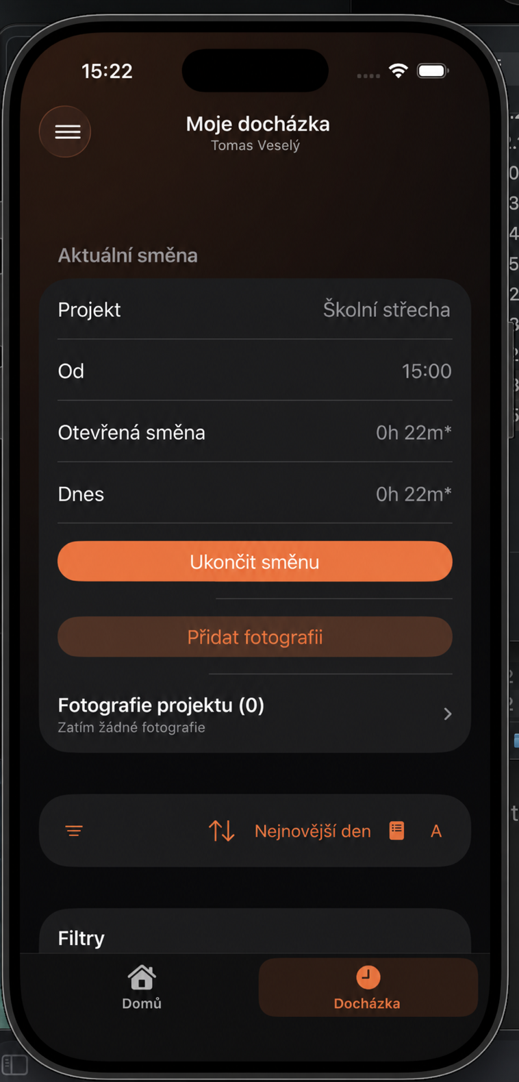 Přidání projektové fotografie během aktivní směny