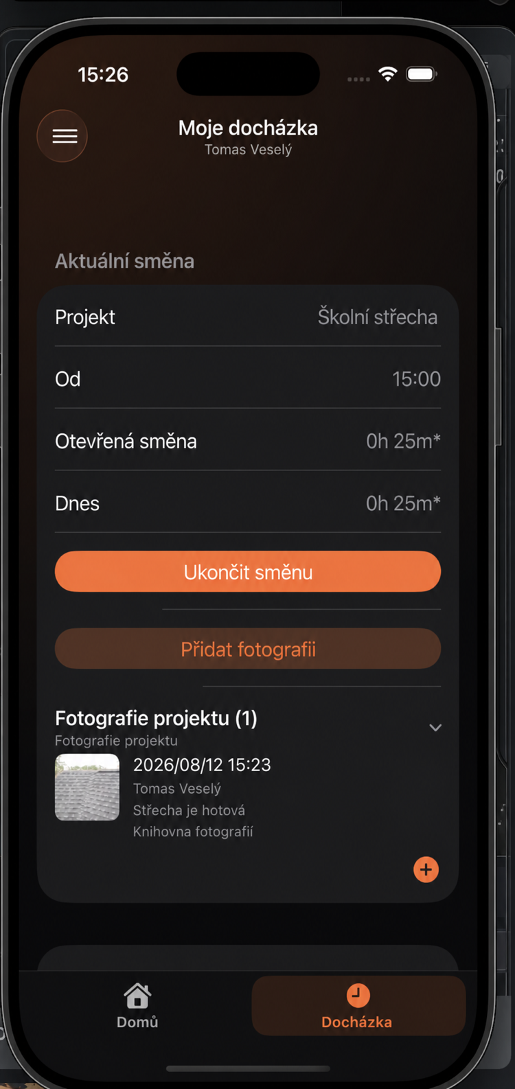 Aktivní směna s uloženou projektovou fotografií