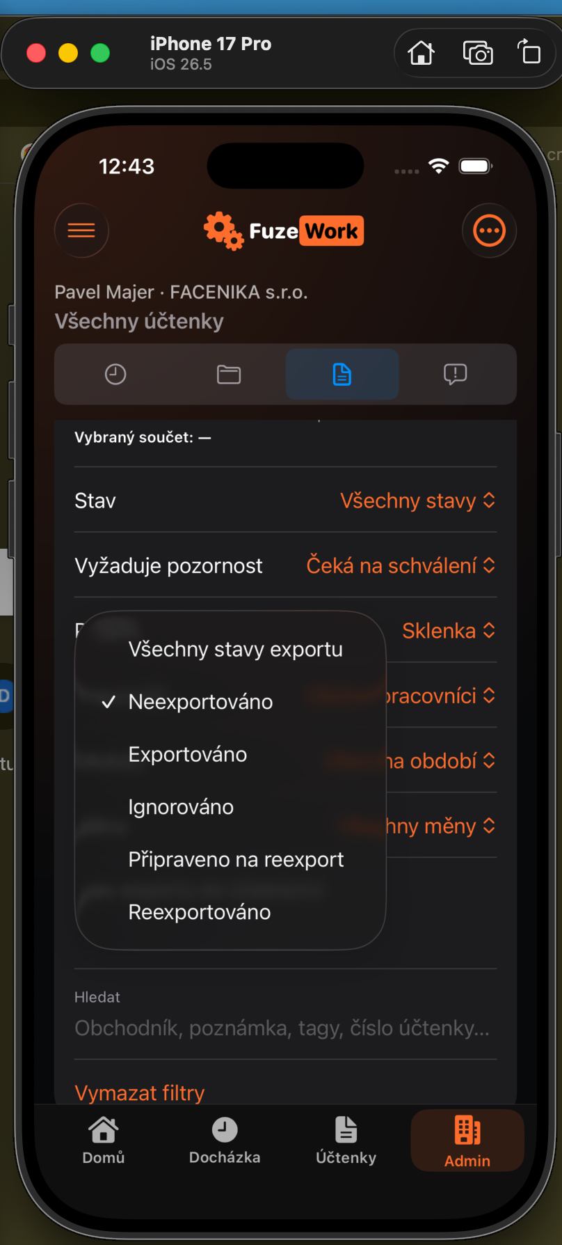 Výběr stavu Neexportováno ve filtru účtenek
