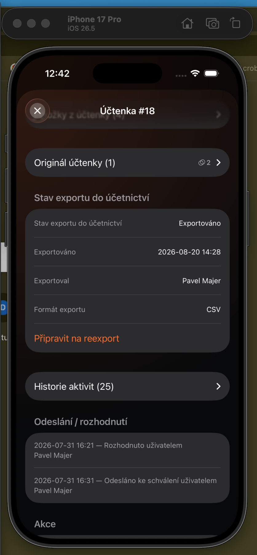 Detail účtenky s údaji o účetním exportu a akcí pro reexport