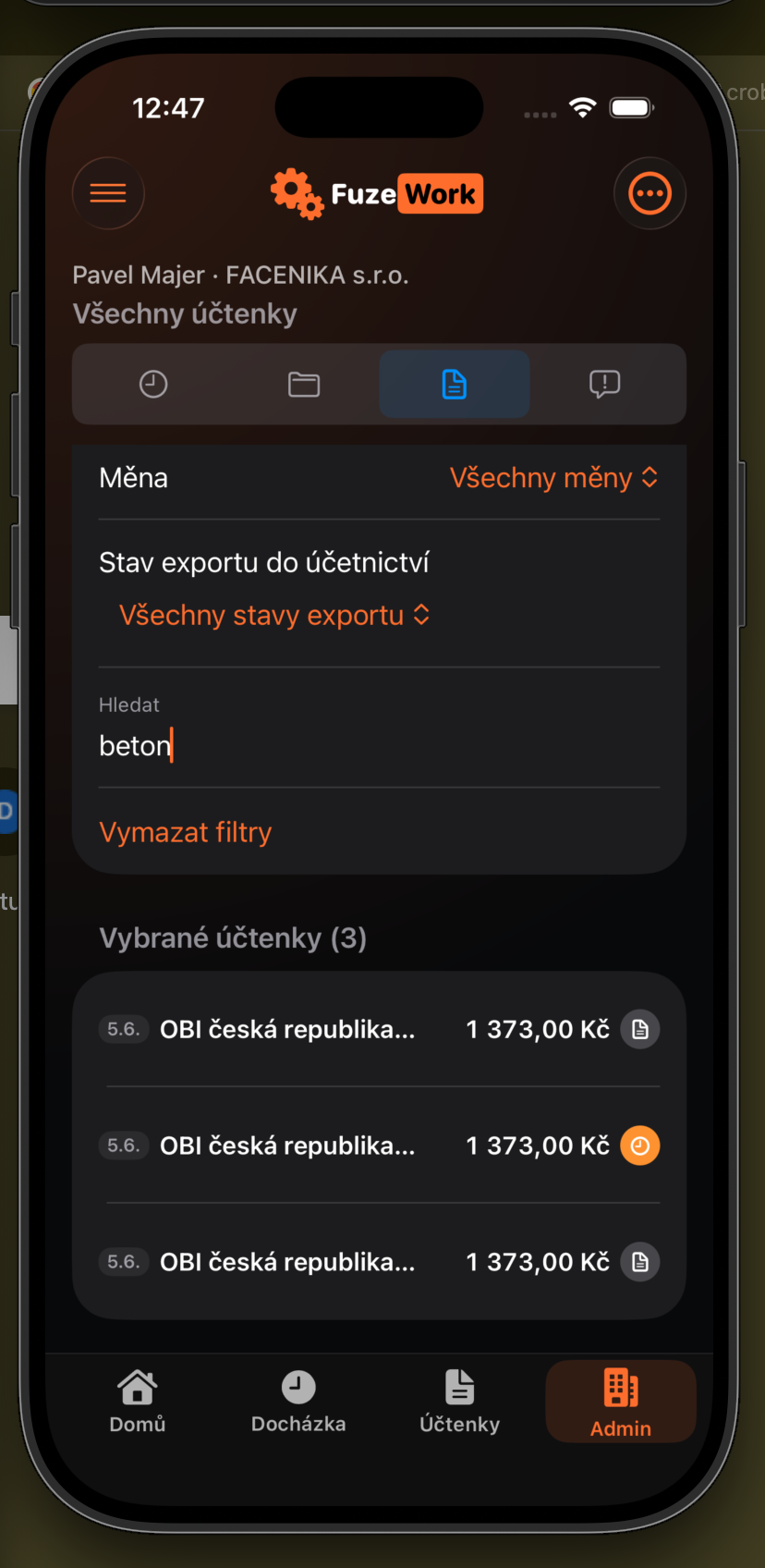 Vyhledání účtenek obsahujících položku beton