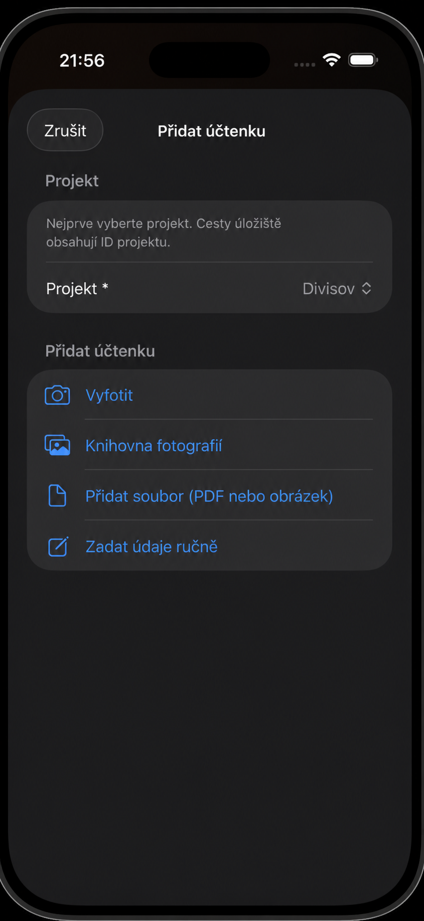 Přidání nové účtenky po stisknutí tlačítka plus