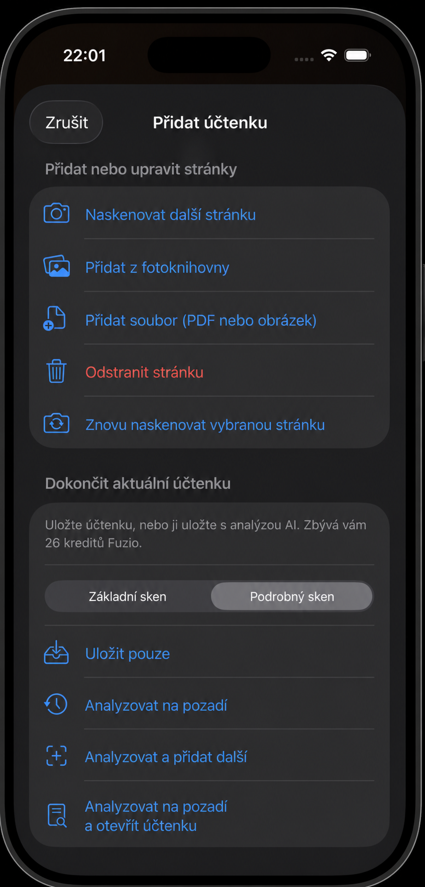 Volby AI analýzy a uložení účtenky