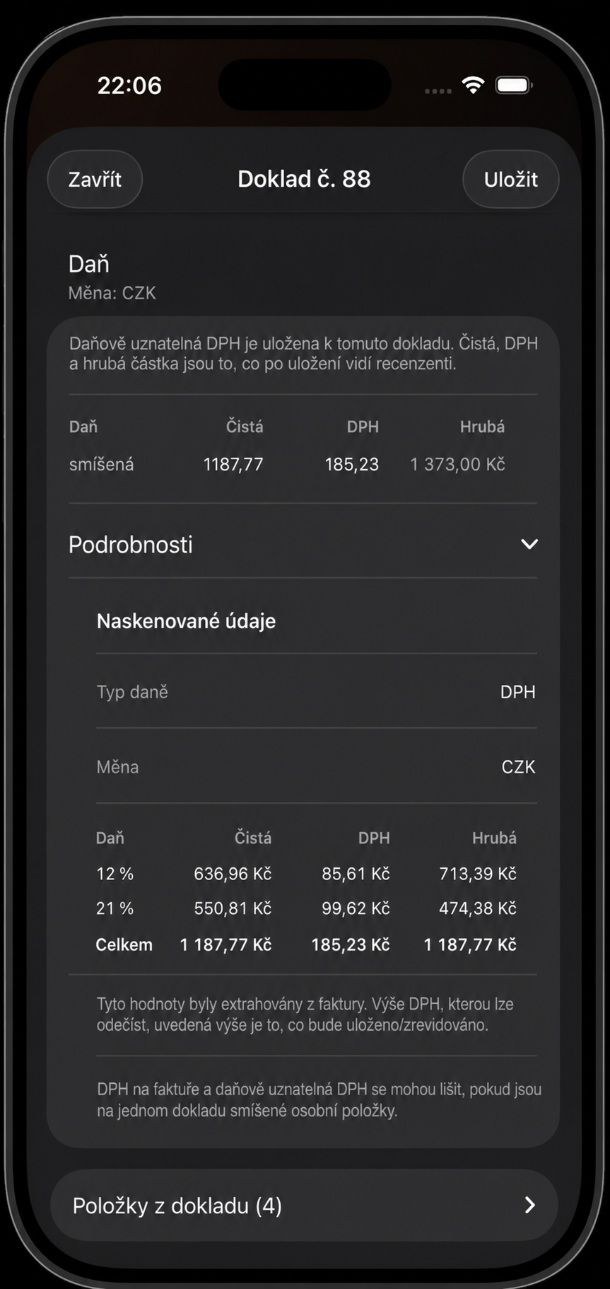 Výsledek AI analýzy s údaji, daní a položkami účtenky