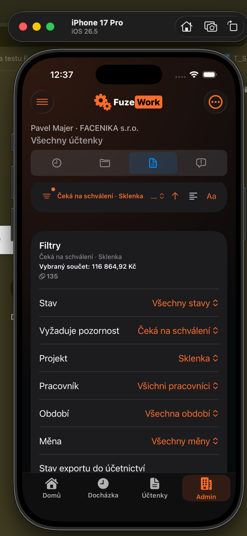 Administrátorské filtry nad seznamem účtenek