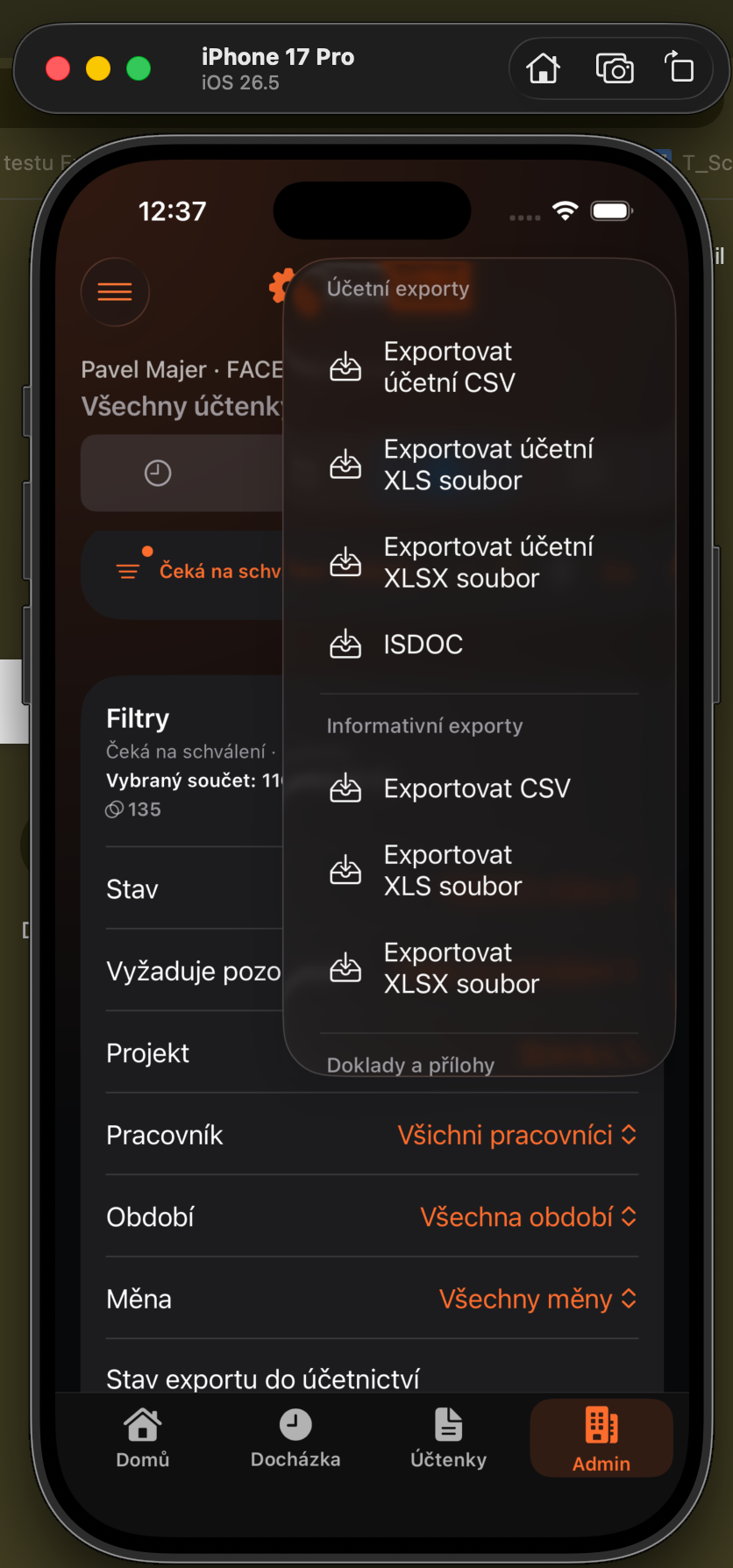 Nabídka účetních a informativních exportů účtenek