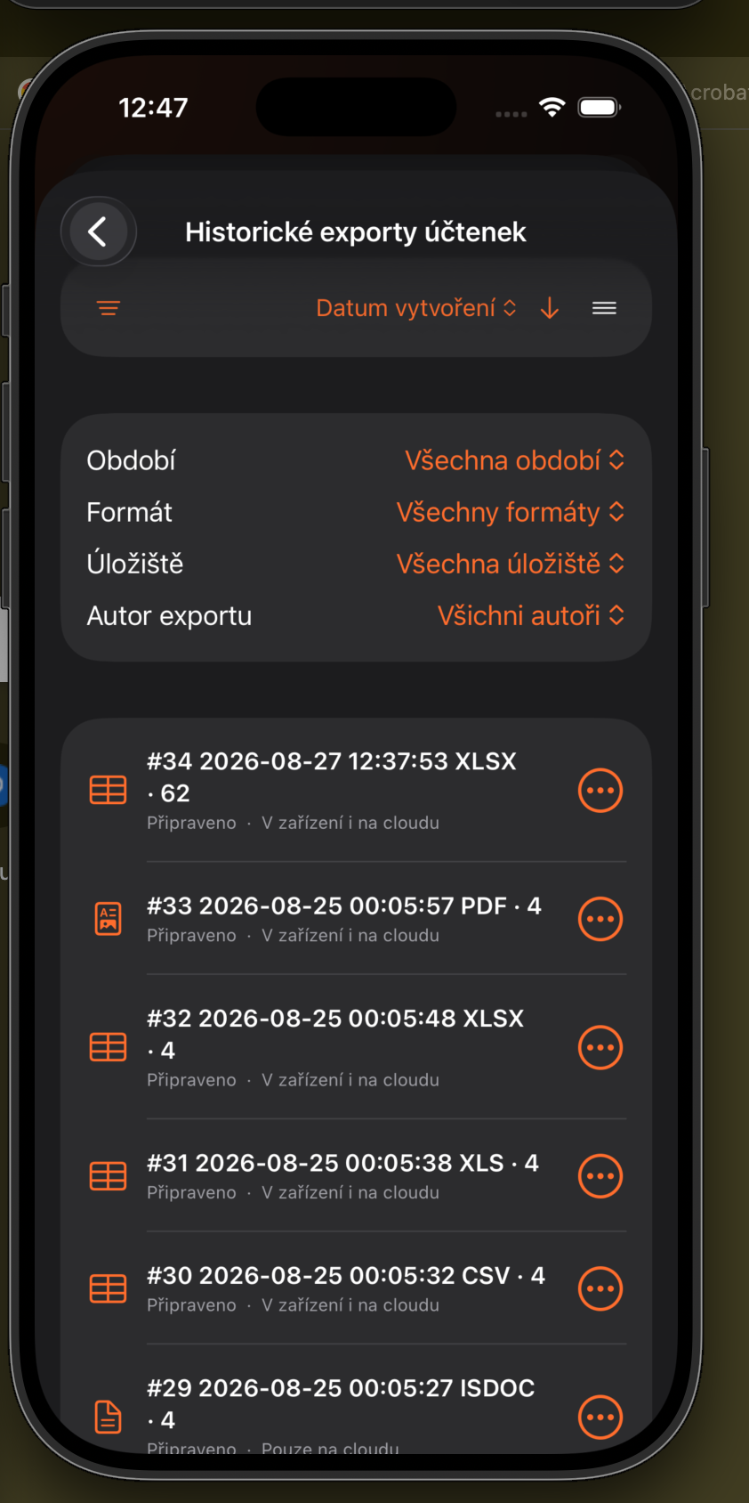 Filtry období, formátu, úložiště a autora historických exportů
