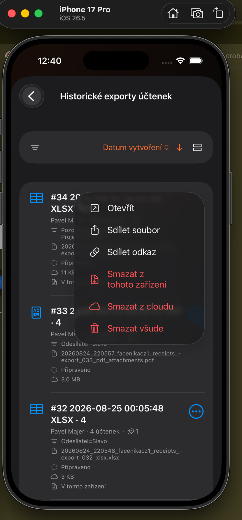 Akce otevřít, sdílet a odstranit historický export