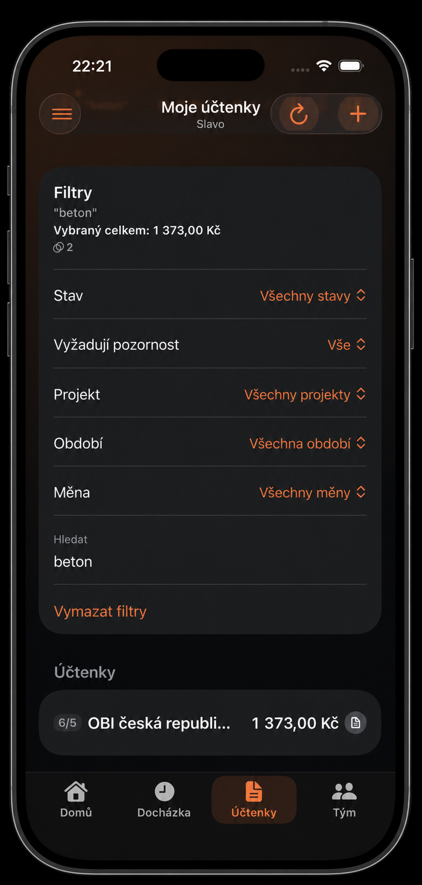 Vyhledání účtenky podle položky beton