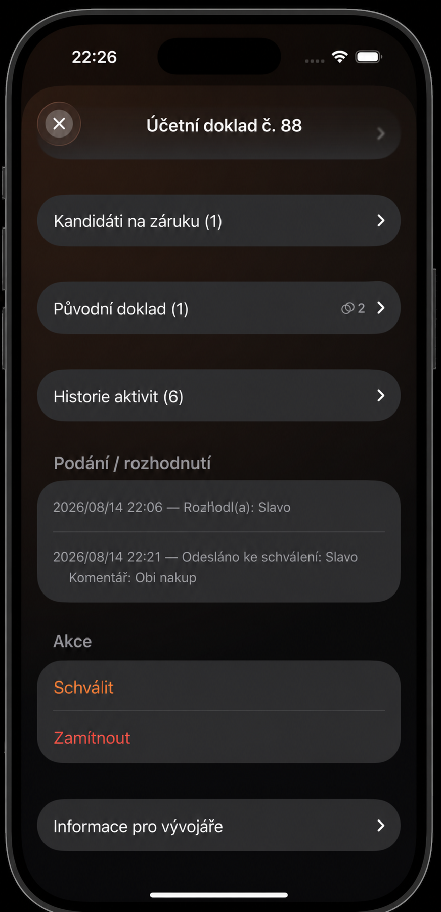 Rozhodnutí schvalovatele nad čekající účtenkou