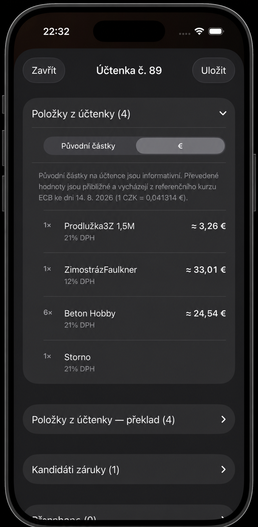 Položky účtenky s orientačním přepočtem do eur