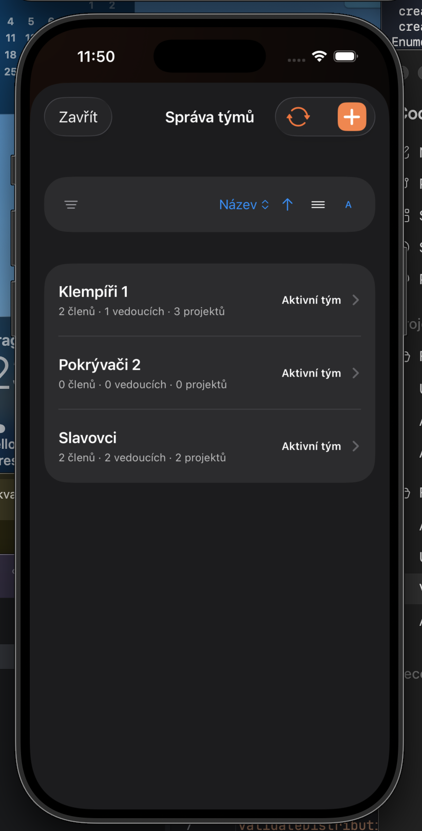 Seznam týmů s tlačítkem pro vytvoření nového týmu