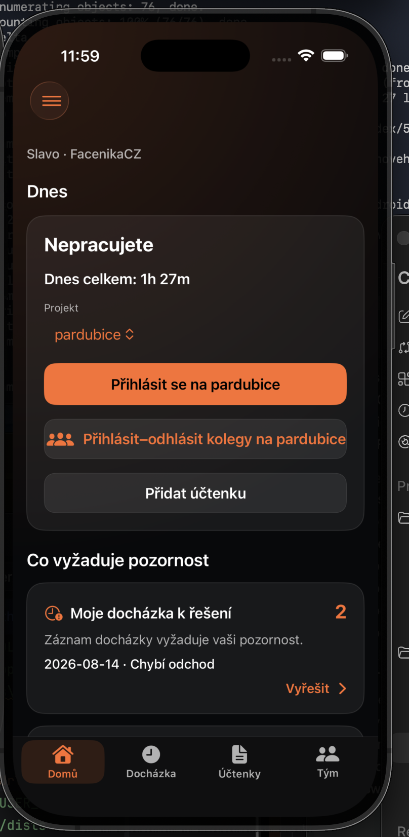 Domovská obrazovka s tlačítkem pro docházku kolegů