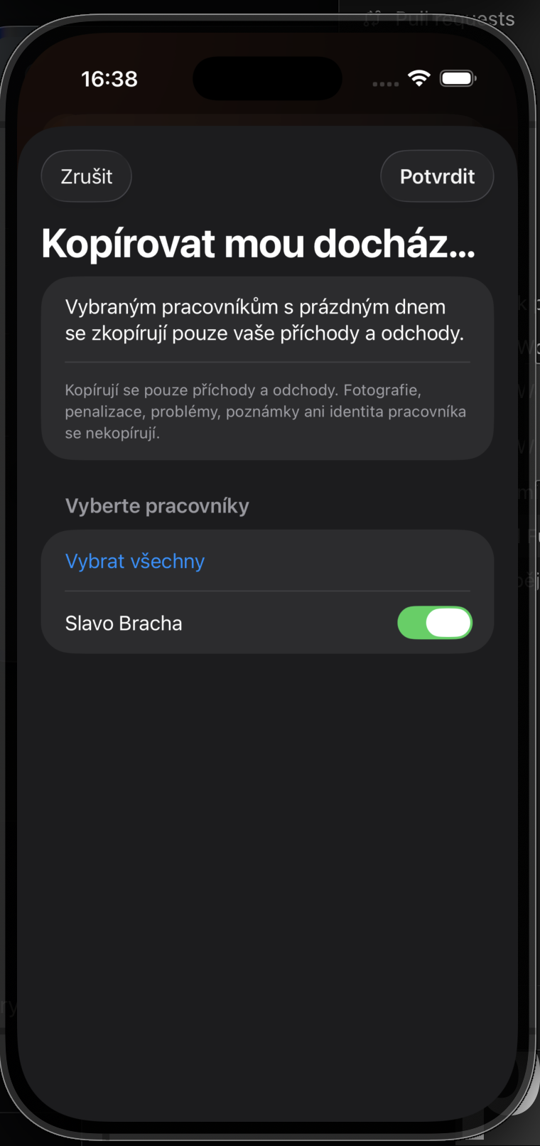 Výběr kolegů pro zkopírování docházky vedoucího