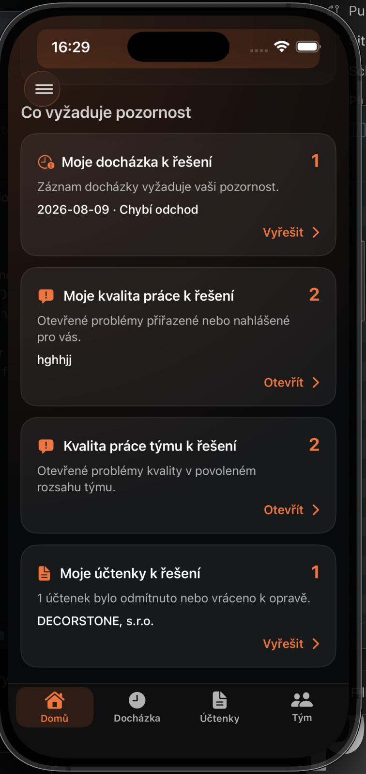 Karty vlastních a týmových položek vyžadujících pozornost