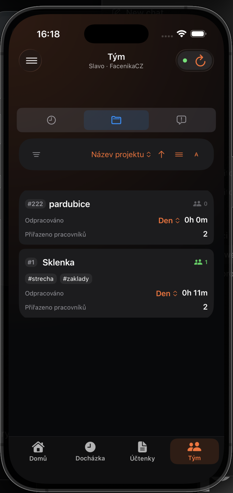 Projektový dashboard s počtem lidí právě na projektu
