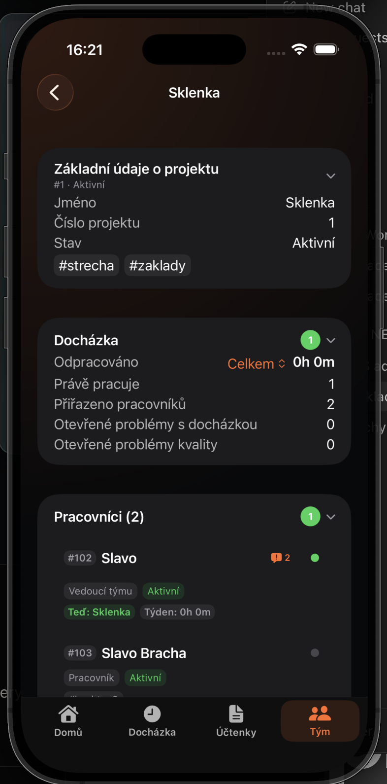 Detail projektu s docházkou a seznamem pracovníků