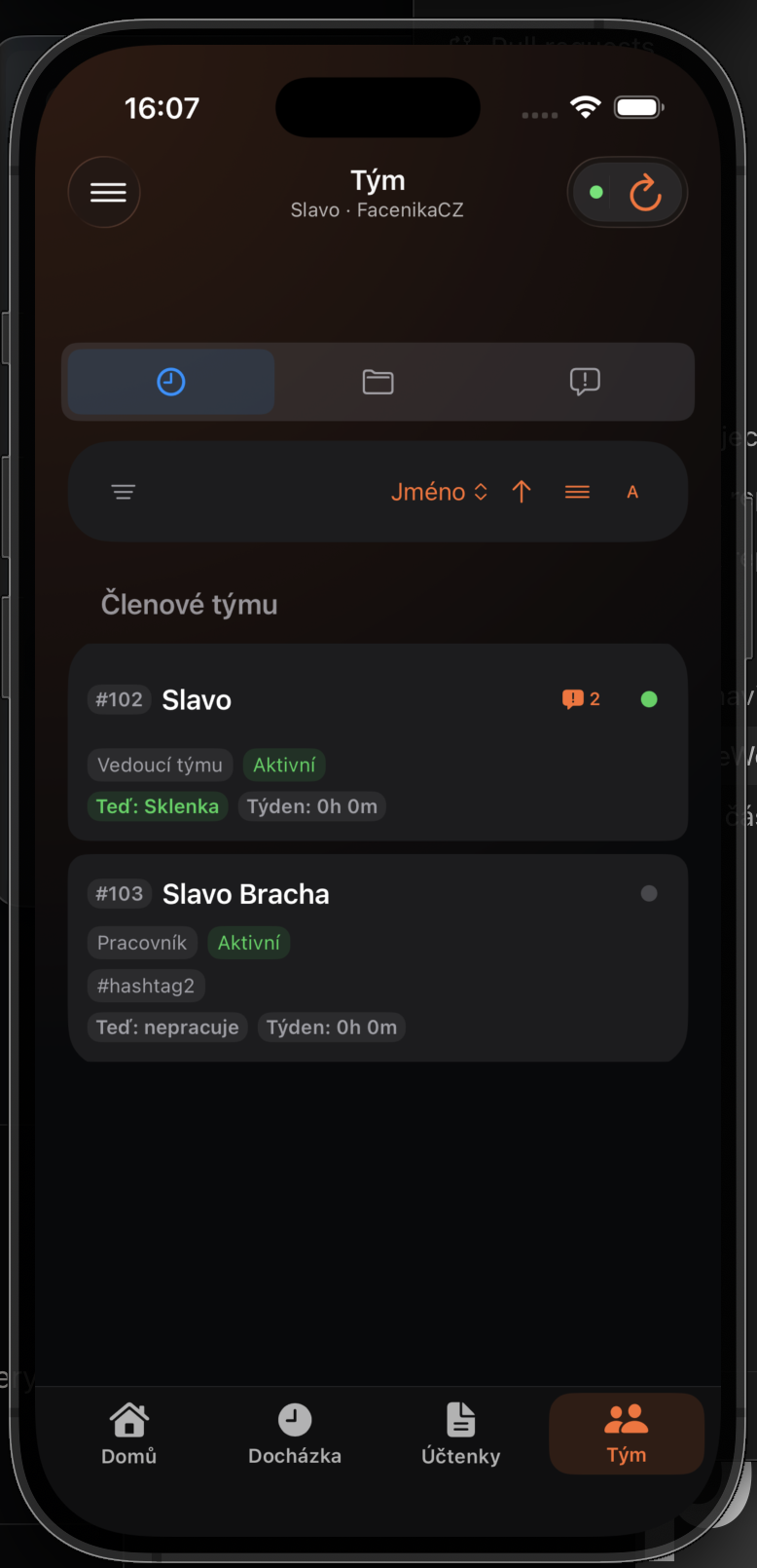 Seznam členů týmu s indikací pracovníků právě v práci