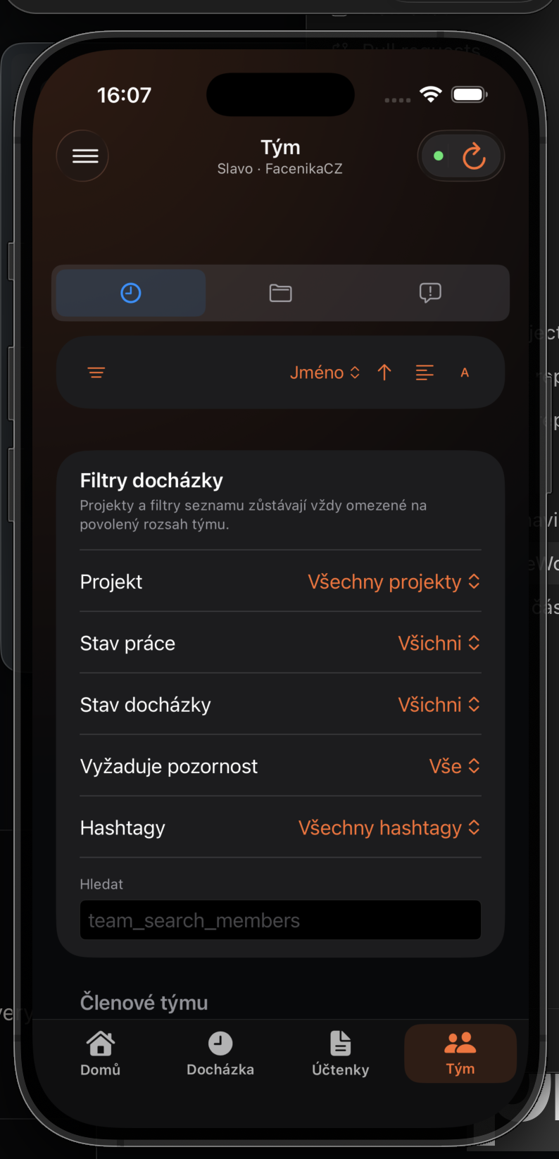Filtry a hledání v přehledu členů týmu